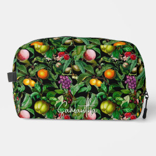 Elegant tropical fruits black pattern monogram dopp kit