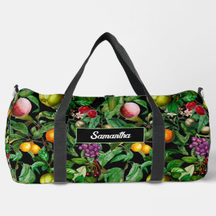 Elegant tropical fruits black pattern monogram duffle bag