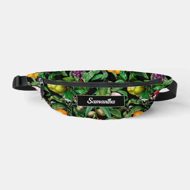Elegant tropical fruits black pattern monogram fanny pack (Front)