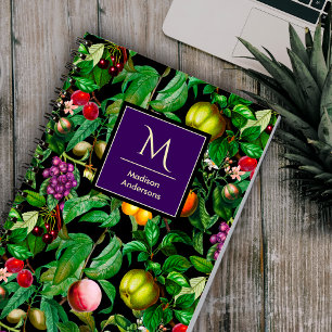 Elegant tropical fruits black pattern monogram notebook