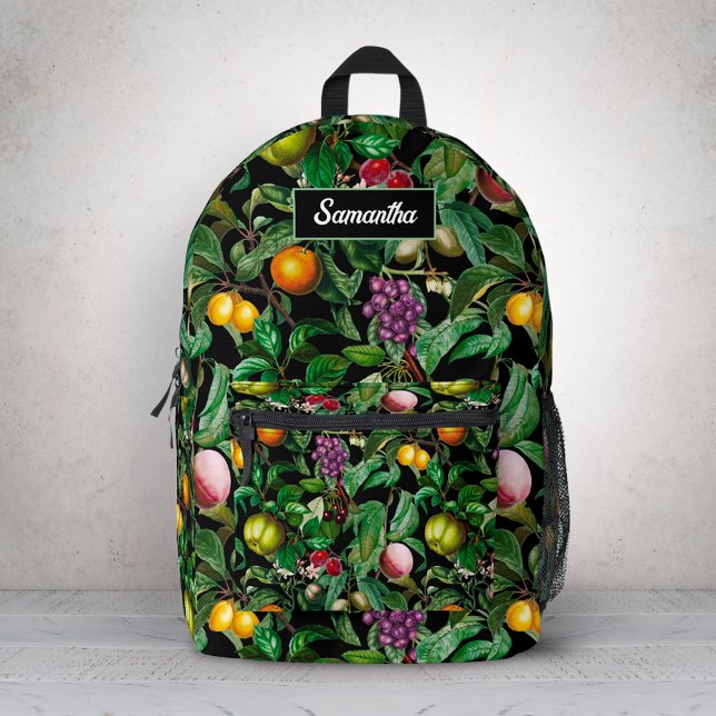 Elegant tropical fruits black pattern monogram printed backpack (Creator Uploaded)