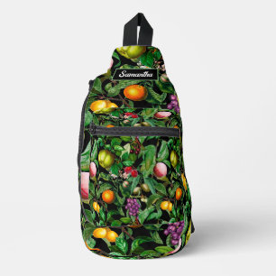Elegant tropical fruits black pattern monogram  sling bag