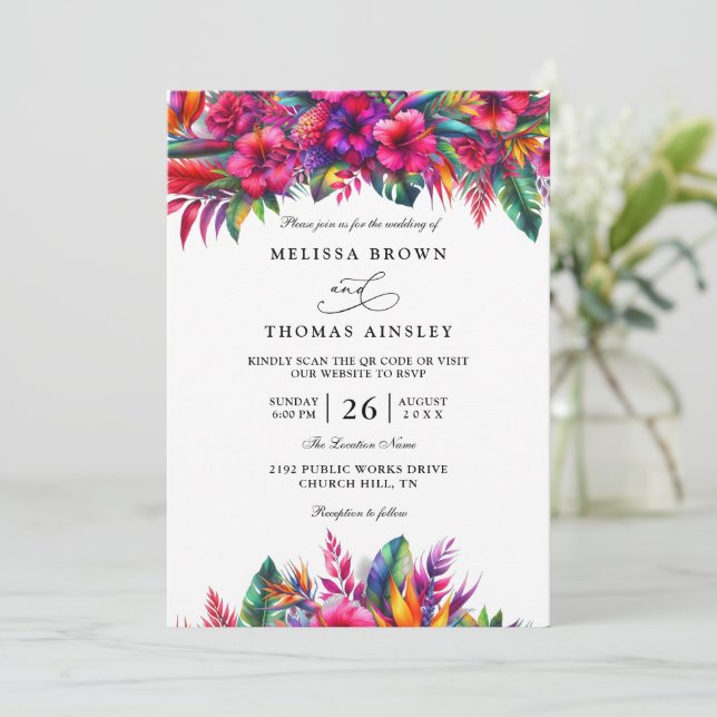 Elegant Tropical Garden Floral QR Code Wedding Invitation (Standing Front)