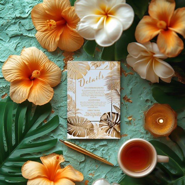 Elegant Tropical Gilded Gold Monstera Leaf Wedding Enclosure Card (Elegant Gold Palm Monstera Destination Wedding Enclosure Details Card)