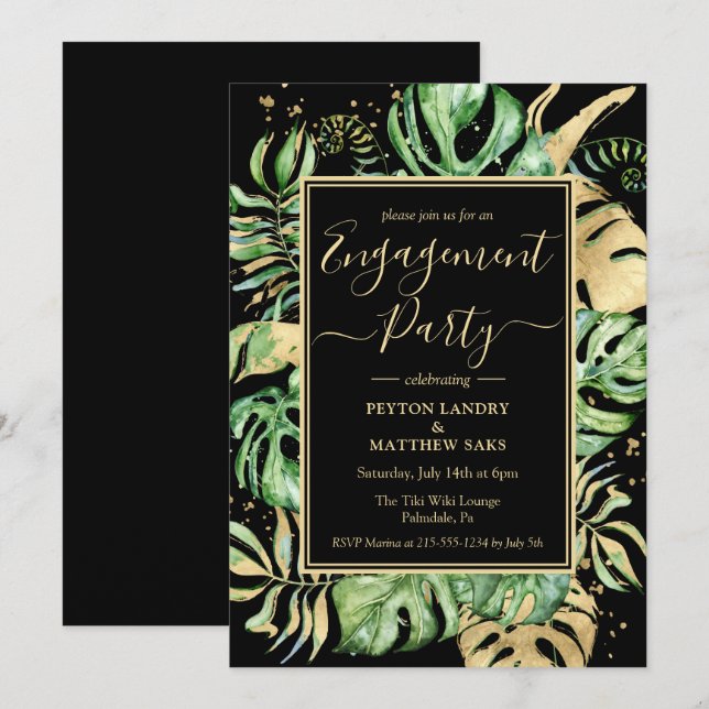 Elegant Tropical Gold & Black Engagement Party Invitation (Front/Back)