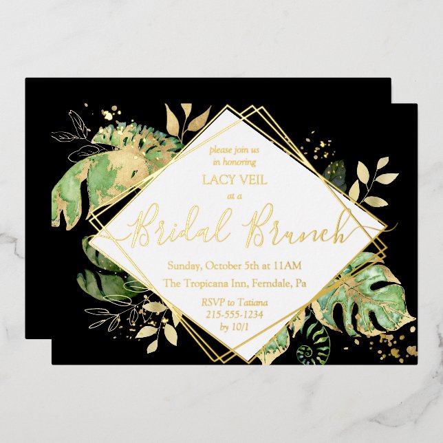 Elegant Tropical Gold Bridal Brunch Black & Gold (Front/Back)