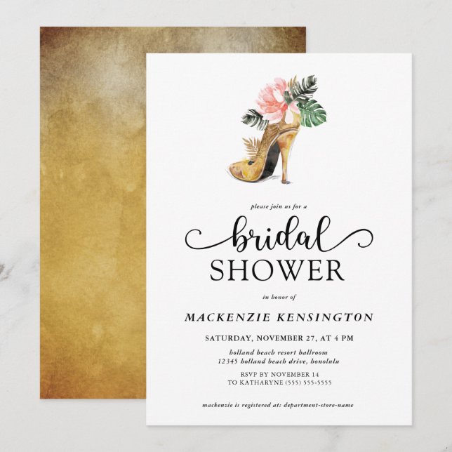 Elegant Tropical Gold Glam Heels Bridal Shower Invitation (Front/Back)