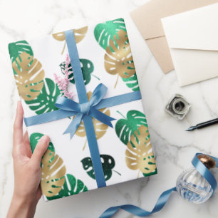 Elegant Tropical Gold & Green Monstera Leaves Wrapping Paper