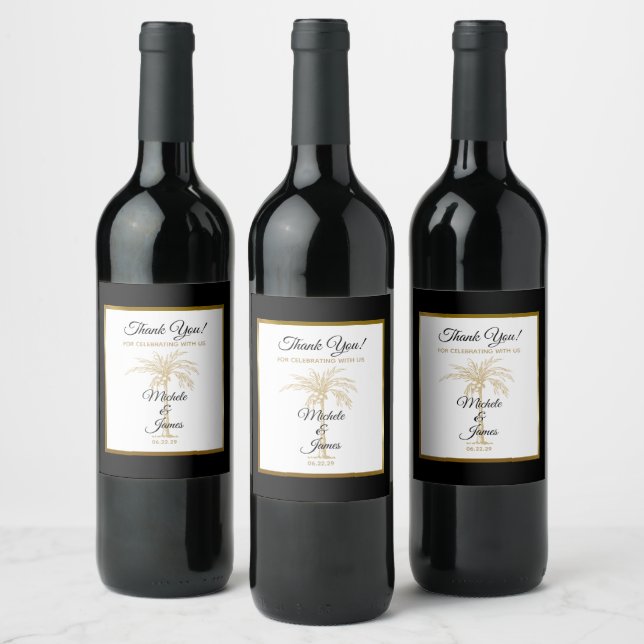 Elegant Tropical Gold Palm Tree Modern Wedding Wine Label (Bottles)