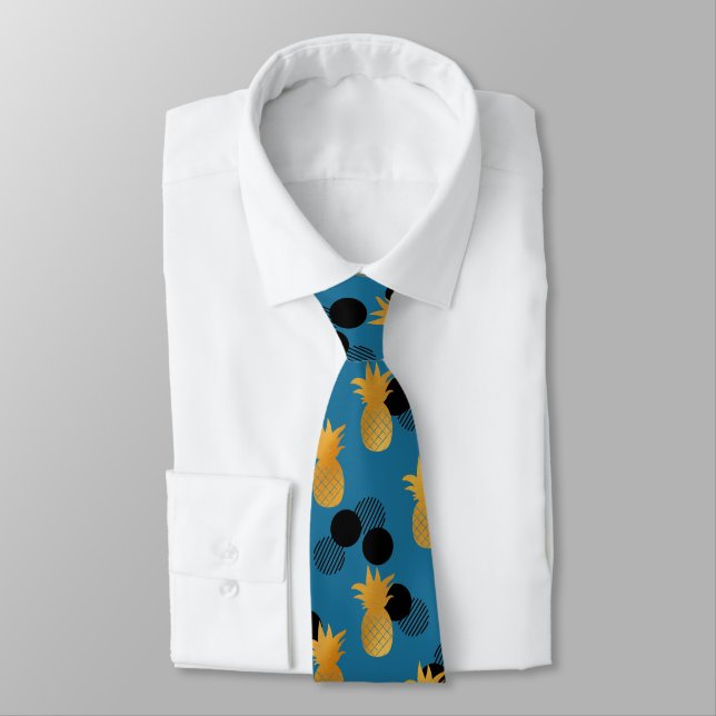 Elegant Tropical Gold Pineapple Black Polka Dot Tie (Tied)