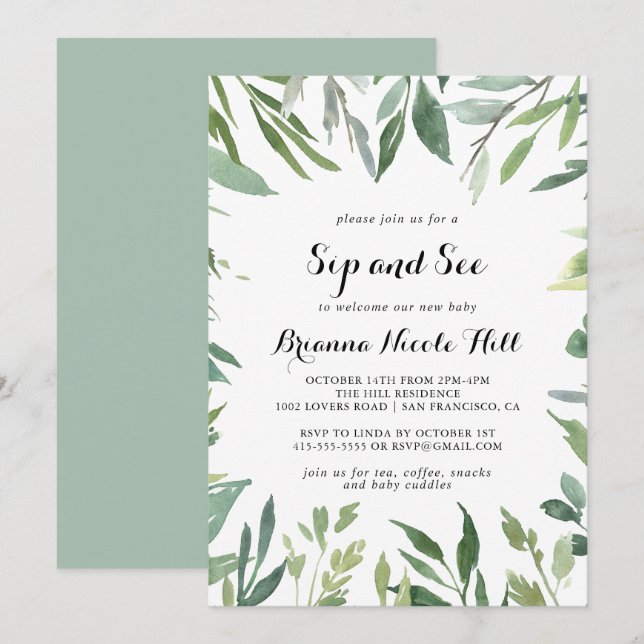 Elegant Tropical Green Calligraphy Sip and See Invitation (Front/Back)