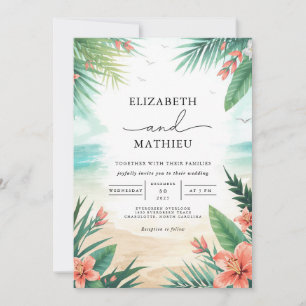Elegant Tropical Green Floral Beach Wedding Invitation