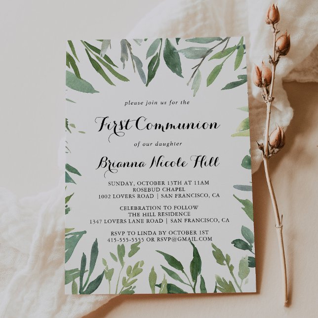 Elegant Tropical Green Foliage First Communion Invitation (Creator Uploaded)