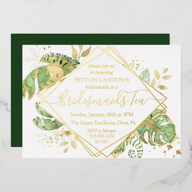 Elegant Tropical Green & Gold Bridesmaid Tea Party (Front/Back)
