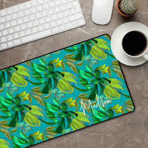 Elegant tropical green leave aqua pattern monogram desk mat