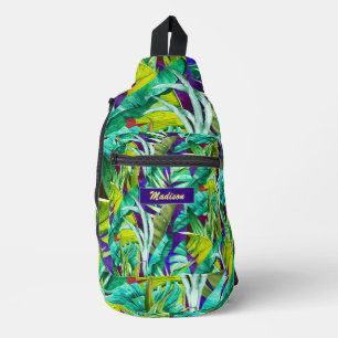 Elegant tropical green leaves purple printed sling bag