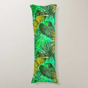 Elegant tropical green leaves yellow blue pattern body pillow