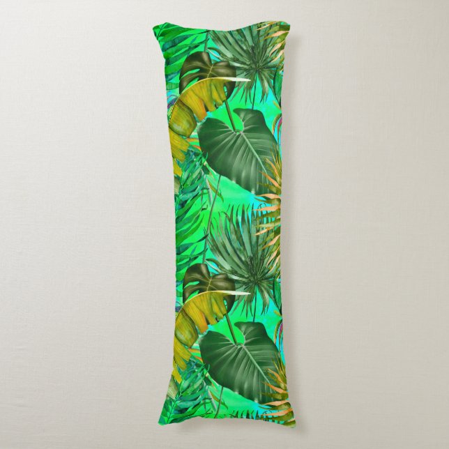 Elegant tropical green leaves yellow blue pattern body pillow (Front Vertical)