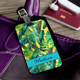 Elegant tropical green leaves yellow pattern luggage tag