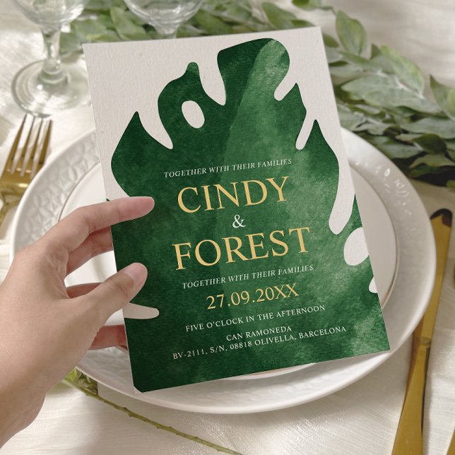 Elegant Tropical Green Monstera Leaf Wedding Invitation (Creator Uploaded)