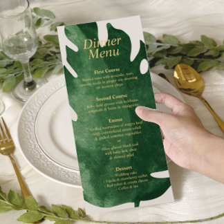 Elegant Tropical Green Monstera Leaf Wedding Menu