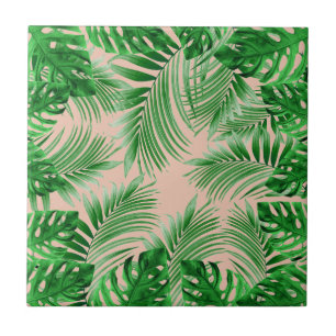Elegant Tropical green palm leaves pattern pink ba Tile