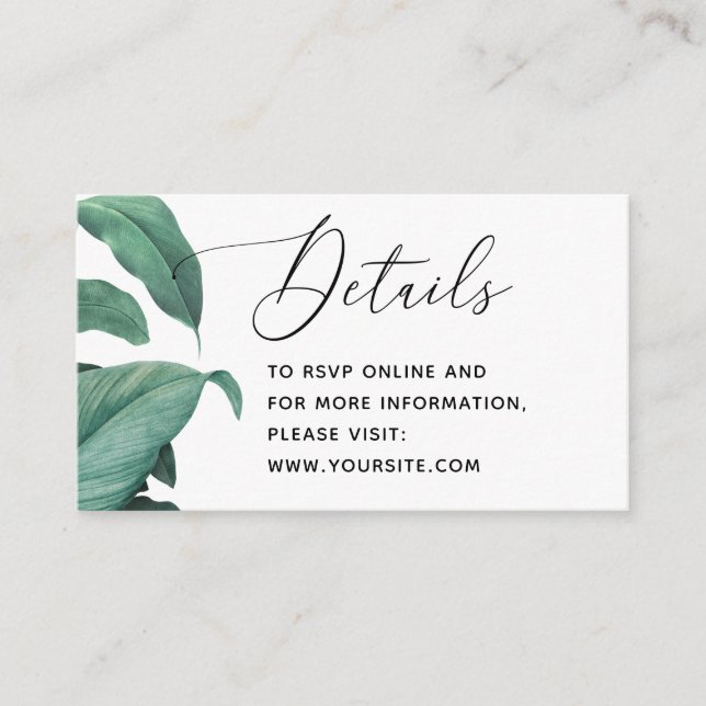 Elegant tropical greenery wedding details. QR Code Enclosure Card (Front)