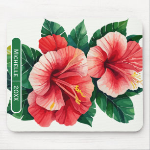 Elegant Tropical Hawaii Hibiscus Green Monogram Mouse Pad