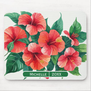 Elegant Tropical Hawaii Hibiscus Green Monogram Mouse Pad