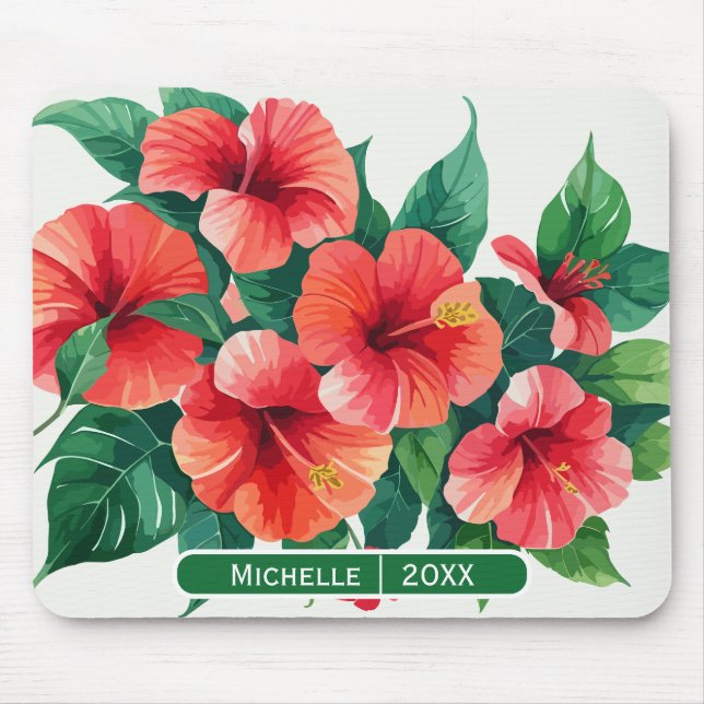 Elegant Tropical Hawaii Hibiscus Green Monogram Mouse Pad (Front)