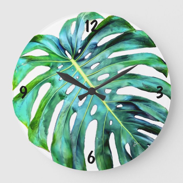 Elegant Tropical Hawaii Monstera Leaf Photograph Large Clock (Front)