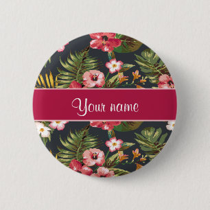 Elegant Tropical Hibiscus Flowers and Leaves 2 Inch Round Button