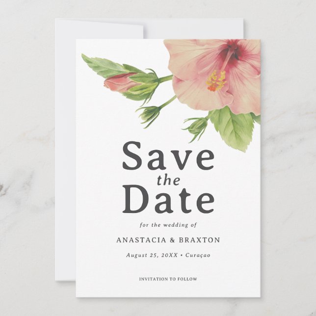 Elegant Tropical Hibiscus Wedding Save The Date (Front)