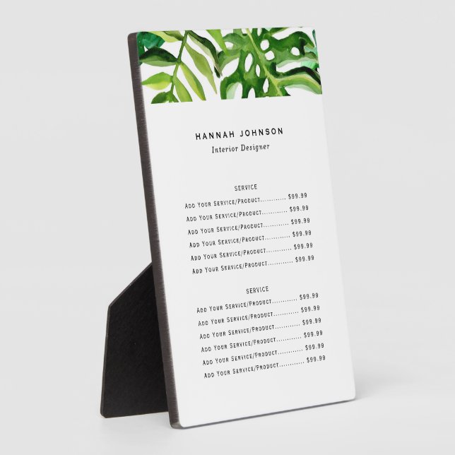 Elegant Tropical Interior Designer Price List Plaque (Side)