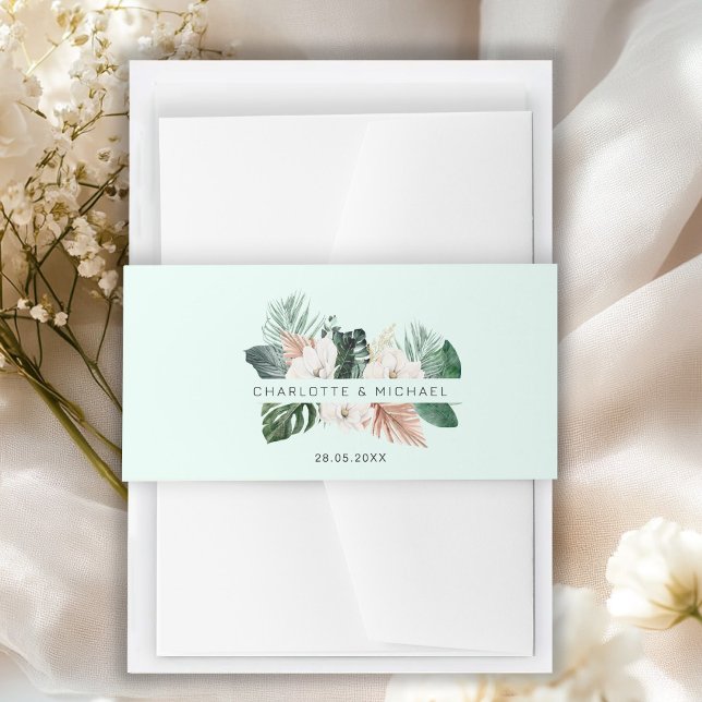 Elegant, tropical, leafy, wedding invitation belly band (Elegant, tropical, leafy, wedding invitation belly band with your name and date
)