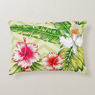 Elegant Tropical Leaves and Hibiscus Flowers   Accent Pillow