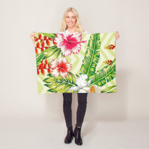 Elegant Tropical Leaves and Hibiscus Flowers   Fleece Blanket