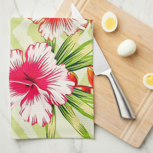 Elegant Tropical Leaves and Hibiscus Flowers   Kitchen Towel