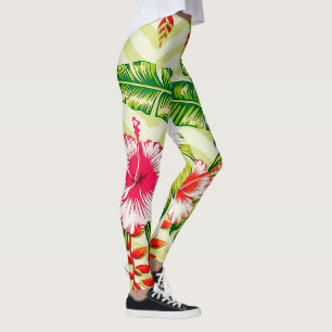 Elegant Tropical Leaves and Hibiscus Flowers Leggings