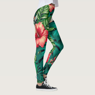 Elegant Tropical Leaves and Hibiscus Flowers   Leggings