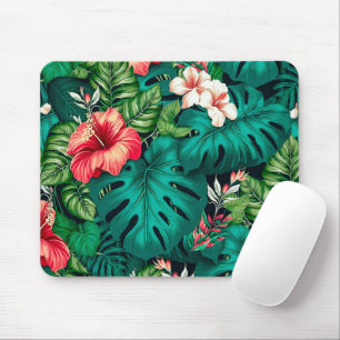 Elegant Tropical Leaves and Hibiscus Flowers   Mouse Pad