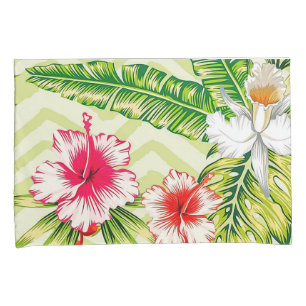 Elegant Tropical Leaves and Hibiscus Flowers   Pillowcase
