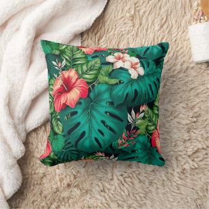Elegant Tropical Leaves and Hibiscus Flowers   Throw Pillow