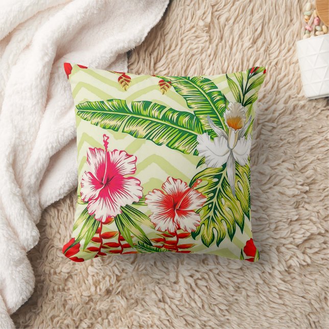 Elegant Tropical Leaves and Hibiscus Flowers | Throw Pillow (Blanket)