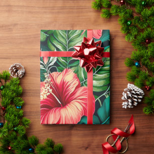 Elegant Tropical Leaves and Hibiscus Flowers   Wrapping Paper