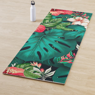 Elegant Tropical Leaves and Hibiscus Flowers   Yoga Mat
