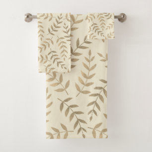 Elegant Tropical Leaves on Champagne Beige Bath Towel Set