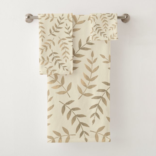 Elegant Tropical Leaves on Champagne Beige Bath Towel Set (Insitu)