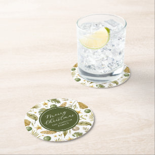 Elegant Tropical Merry Christmas Round Paper Coaster