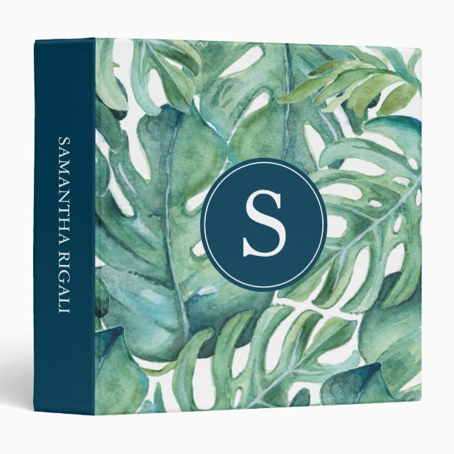 Elegant Tropical Monogram Palm Pattern Binder (Front/Spine)